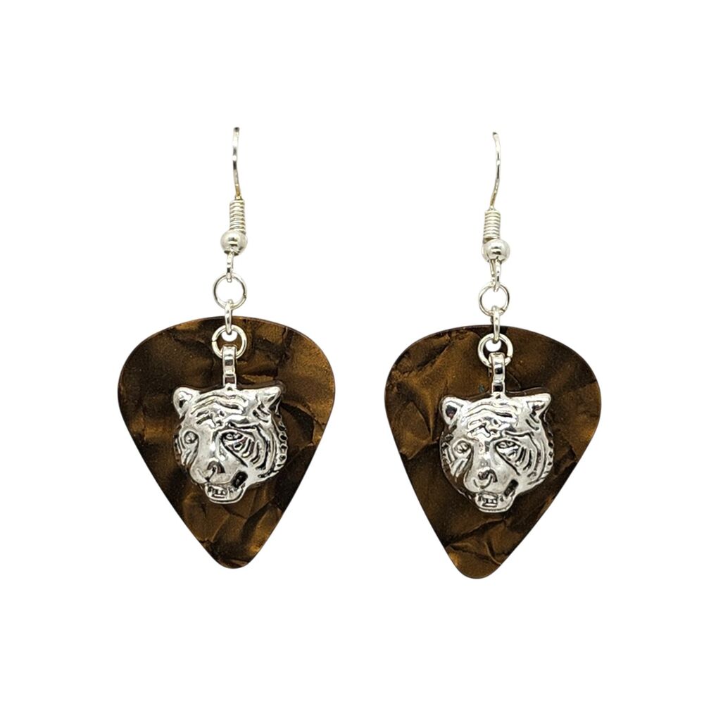 Tigers Tiger Head Charm on Guitar Pick Earrings - Choose Color - Handmade in USA